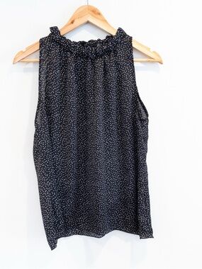 Essentials by Milano Black Polka Dot Sleeveless Ruffle Neck Blouse